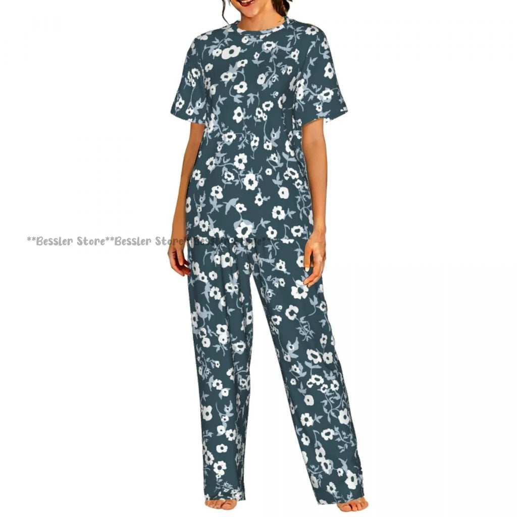 Women's Floral Flowers And Leaves short sleeve trousers casual pajamas set
