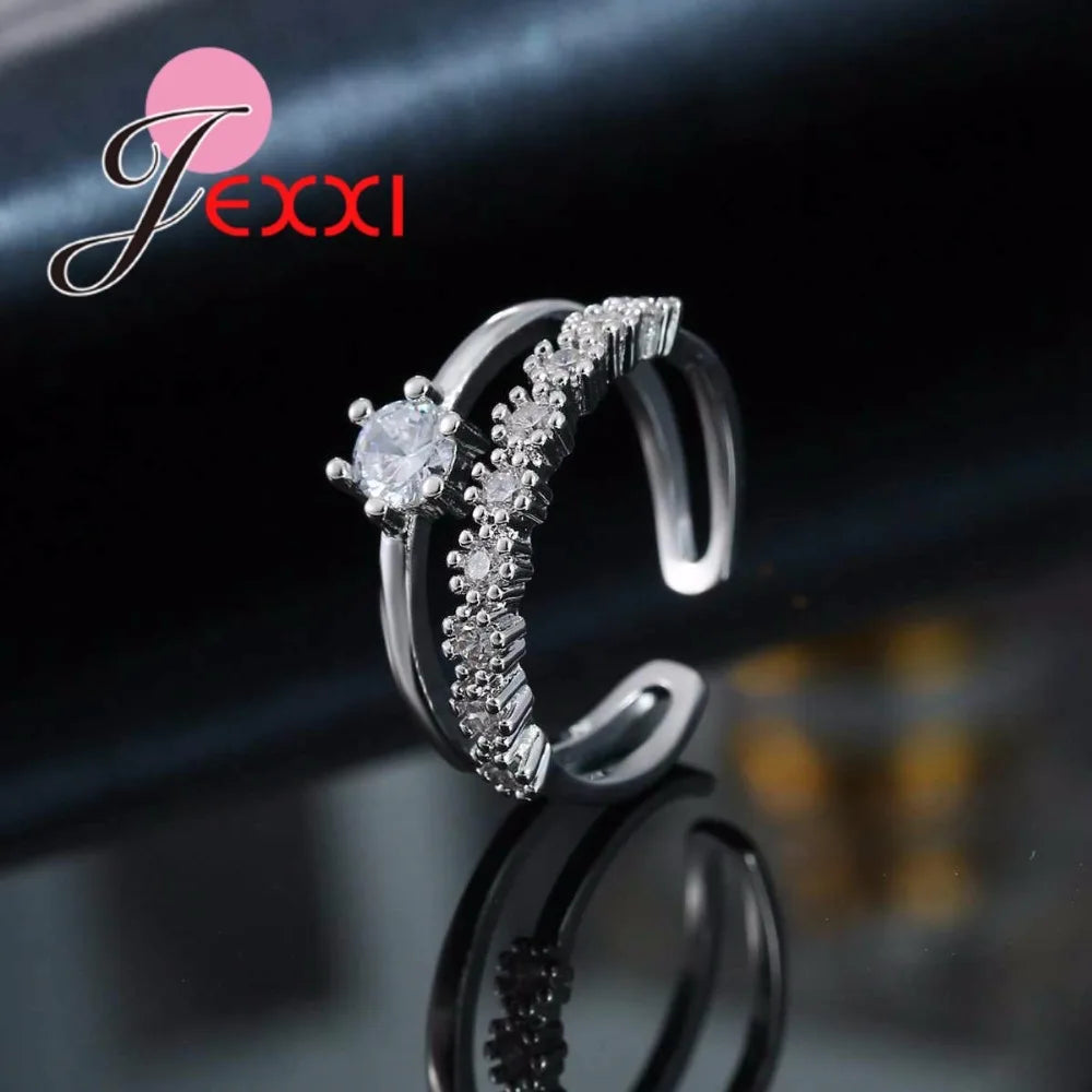 Shiny 925 Sterling Silver Six Claws Double Layer Cubic Zircon Open Adjustable Rings For Women Wedding Party Fashion Jewelry Gift