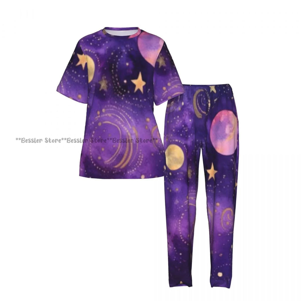 Women's 2-piece set Gold Stars And Planets Pajamas Short sleeved Top and Pants Sleepwear