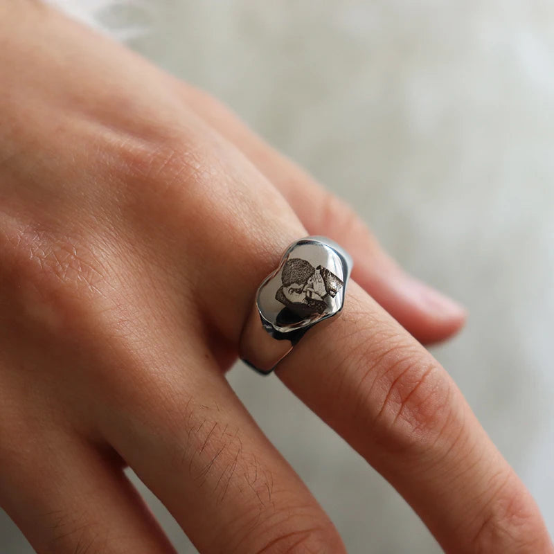 Custom Engraved Picture Logo Name Heart Round Rings for Man Woman Stainless Steel Wedding Rings Personalized Photo Jewelry Gifts