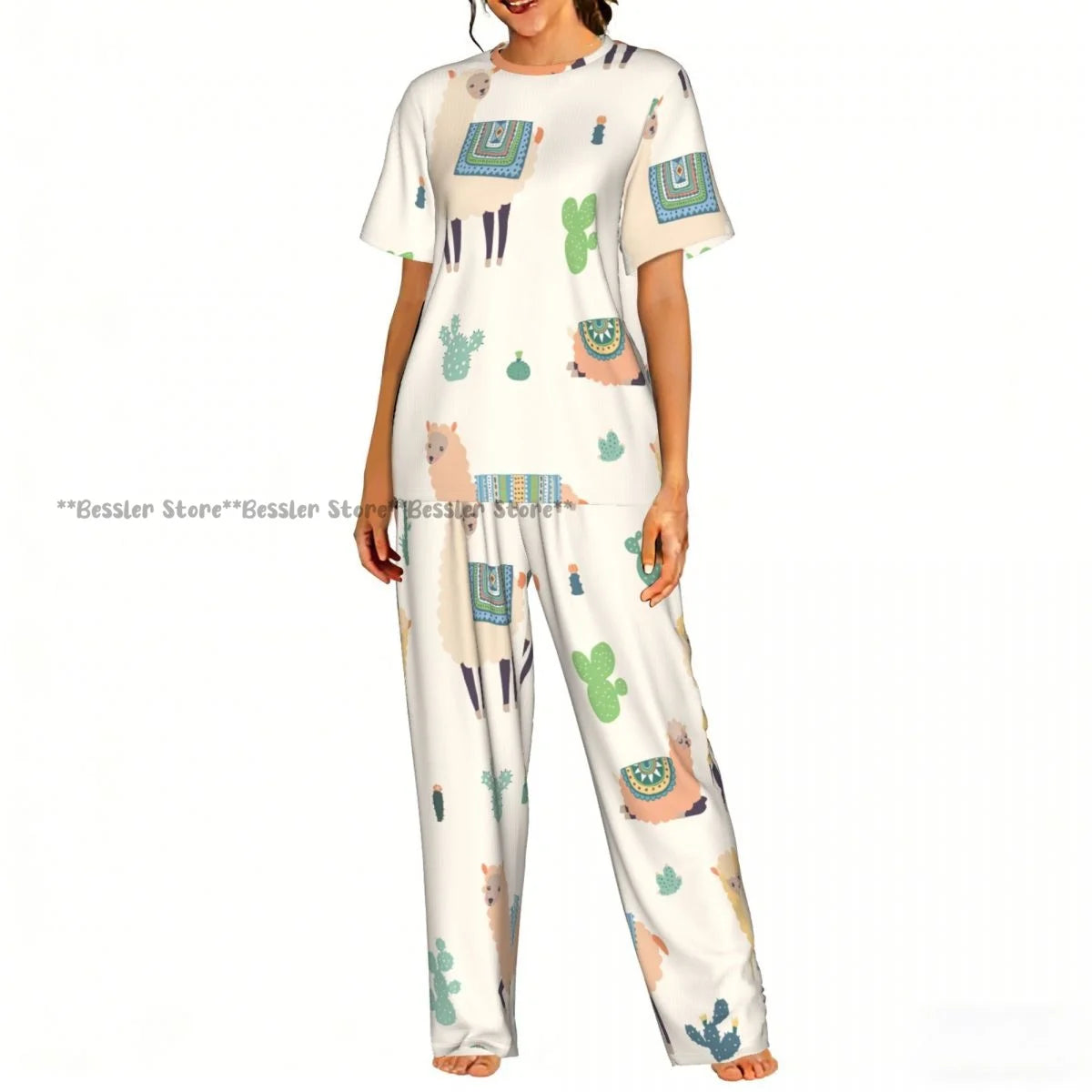 Women's 2-piece set You Are Llamazing Llama Pattern With Hearts Pajamas Short sleeved Top and Pants Sleepwear