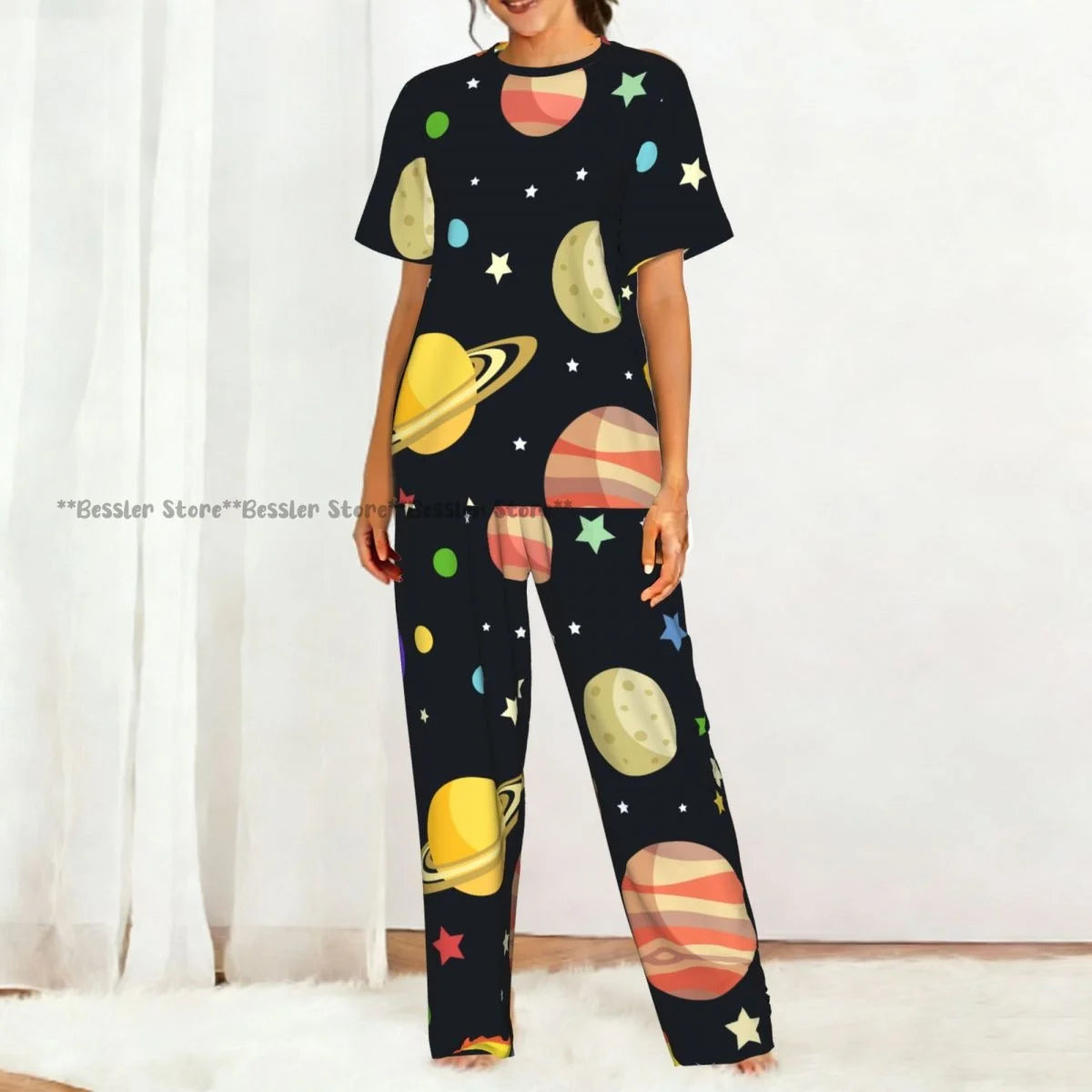 Women's Pajamas Set Space Planets Stars Comets Constellations Short Sleeve Sleepwear 2 Piece Homewear Loungewear
