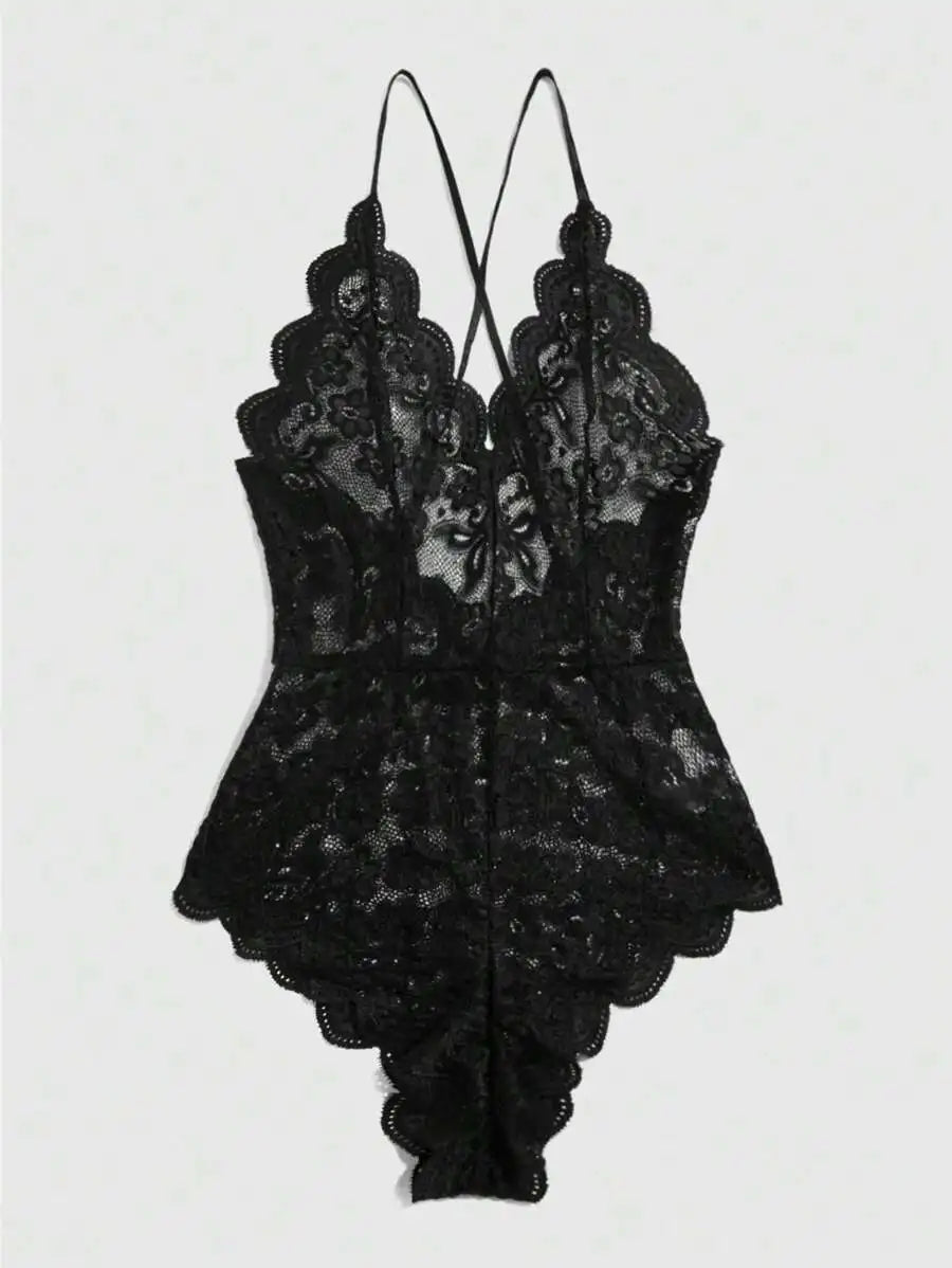 Royal Blue Floral Lace V-Neck Bodysuit with Criss-Cross Straps and Ruffle Hem