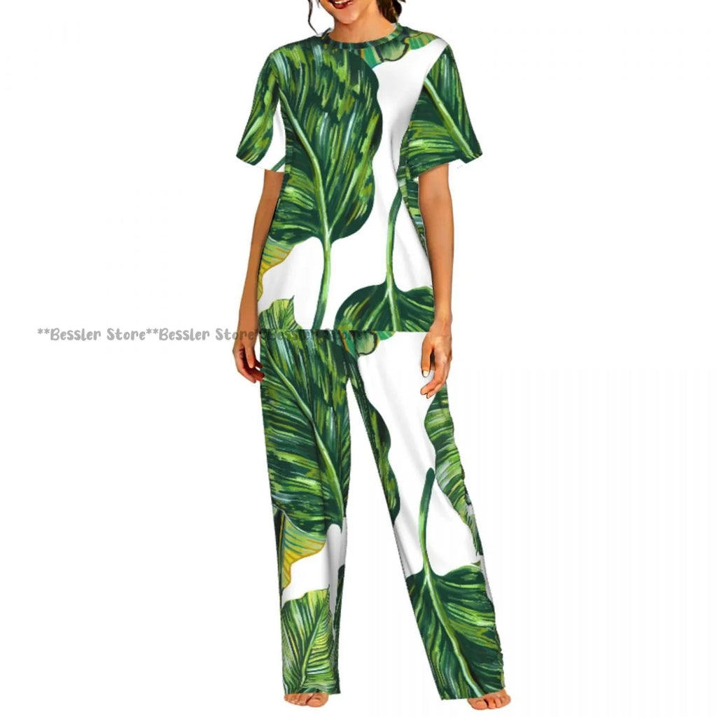 Women's Pajamas Set Tropical Flowers Short Sleeve Sleepwear 2 Piece Homewear Loungewear