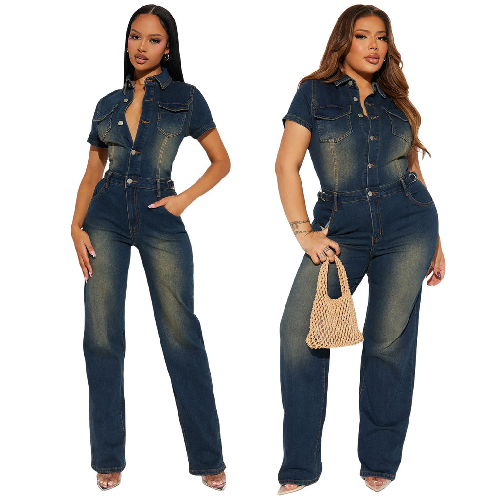 Demin Overalls Jumpsuits Women One Piece Mom Jeans Long Pants Short Sleeve High Waist Rompers Y2k Streetwear Casual Party