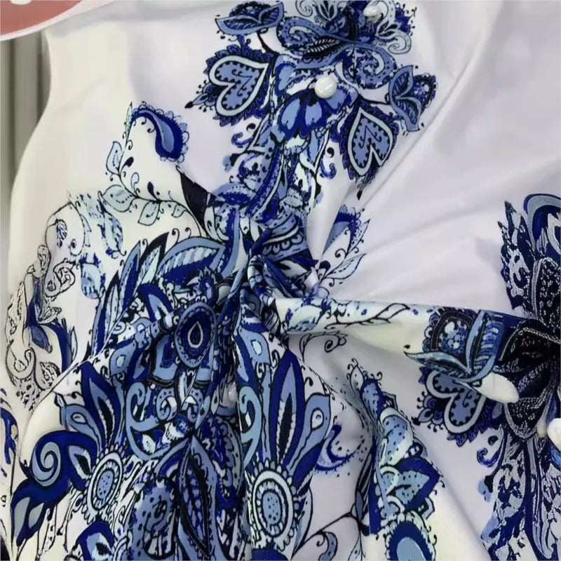 Autumn Women's Fashion V-neck Long Sleeved Bohemian Printed Dress Retro Lantern Sleeve Chinese Style Blue White Porcelain Dress