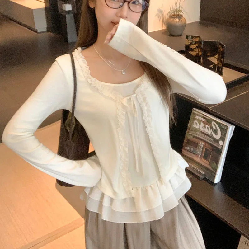 Women Long Sleeved T-shirt Fake Two Piece Lace Splicing Skirt Edge Design Slim Solid Color Simple Daily Casual Versatile Top