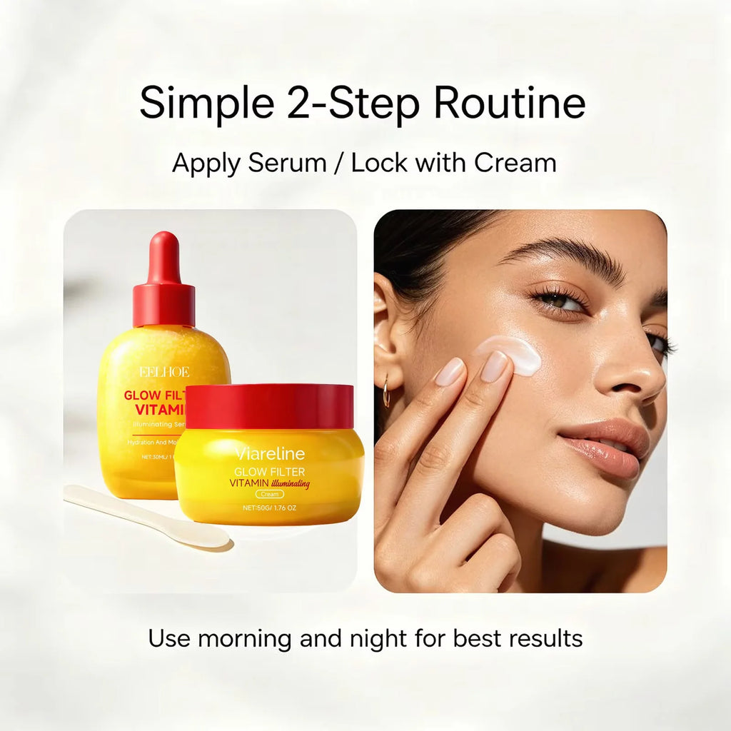 Korean Skincare Glow Filter Vitamin C-Peptide Illuminating Serum & Cream Set 30ml Serum + 50g Cream, Brightening & Hydrating Duo