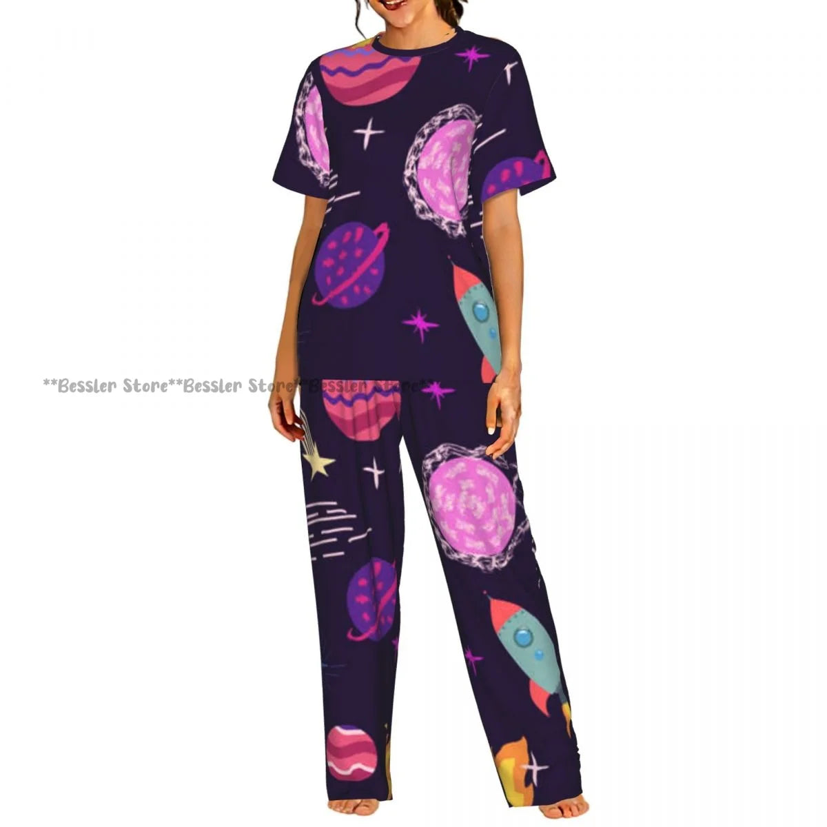 Women's 2-piece set Gold Stars And Planets Pajamas Short sleeved Top and Pants Sleepwear