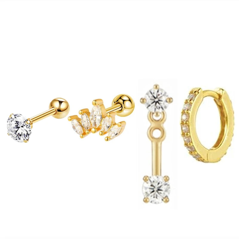 4PCS Stainless Steel Circle Huggie Hoop Earrings Set for Women Gold Color Unique Zircon Flower Stud Earring Piercing Jewelry