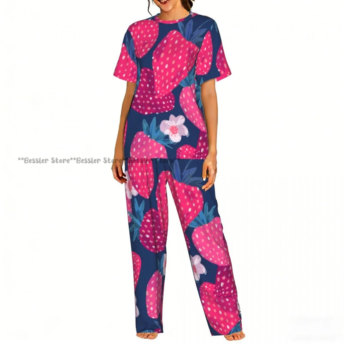 Women's Pajamas Set Strawberry Illustration Short Sleeve Sleepwear 2 Piece Homewear Loungewear