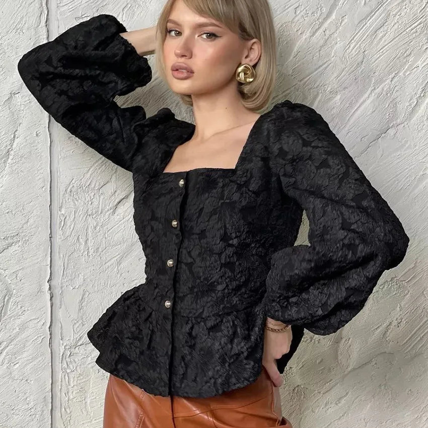 Ladies Elegant Jacquard Square Neck Puff Sleeve Blouse, Button Front Peplum Top for Party, Office and Daily Wear