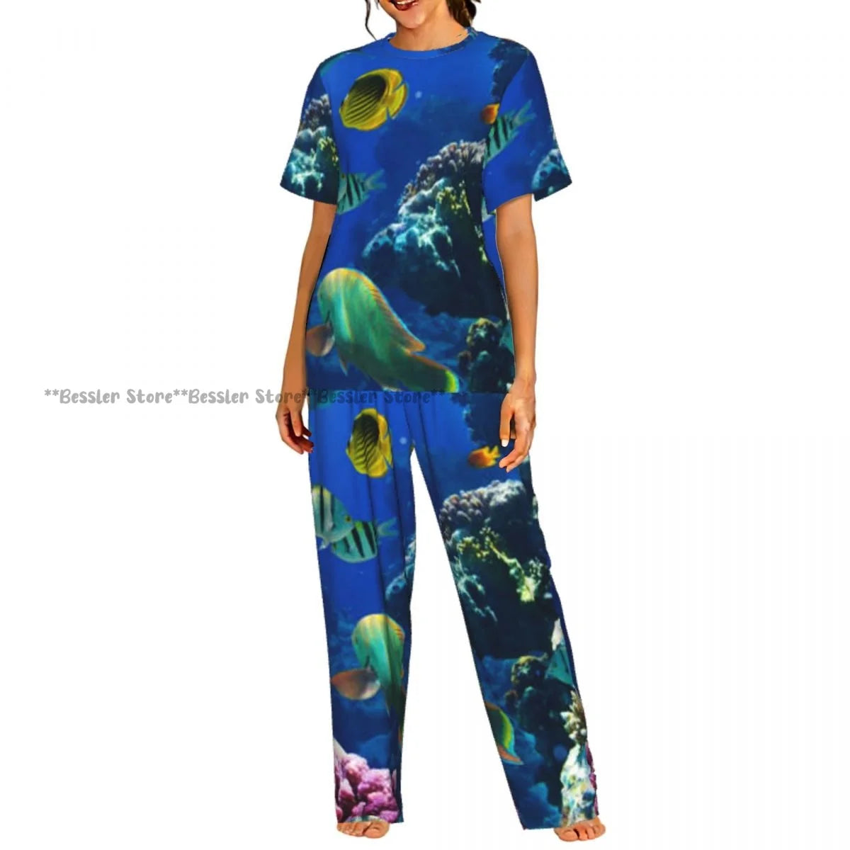 Women's Colorful Fish Pattern short sleeve trousers casual pajamas set