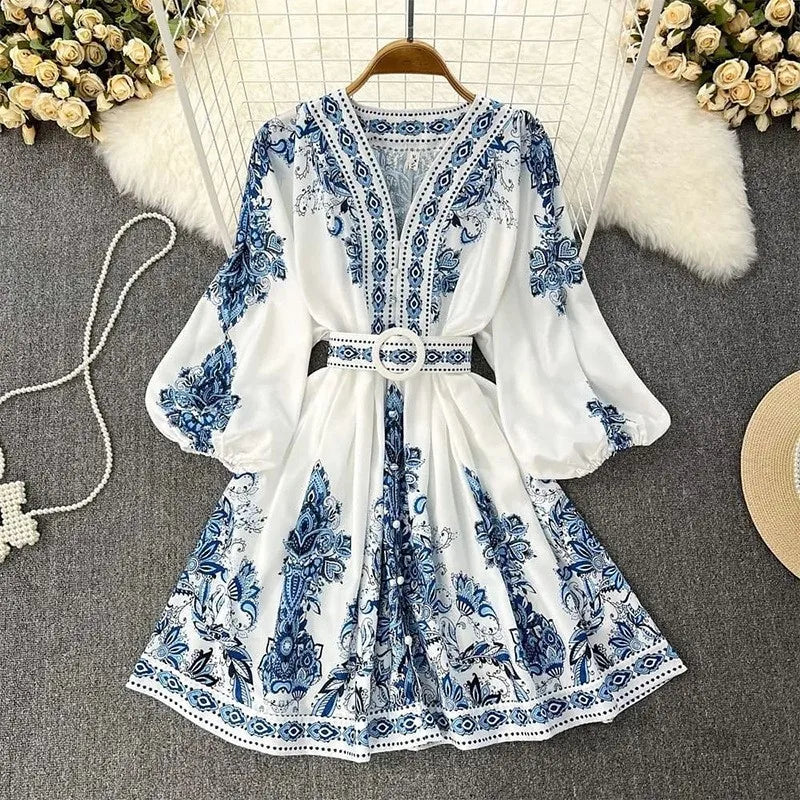Autumn Women's Fashion V-neck Long Sleeved Bohemian Printed Dress Retro Lantern Sleeve Chinese Style Blue White Porcelain Dress