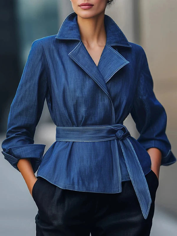 Fall Spring 2026 Fashion Denim Jean Jacket Woman Long Sleeves Vintage Blue Autumn Casual Outerwear with Belt for Female