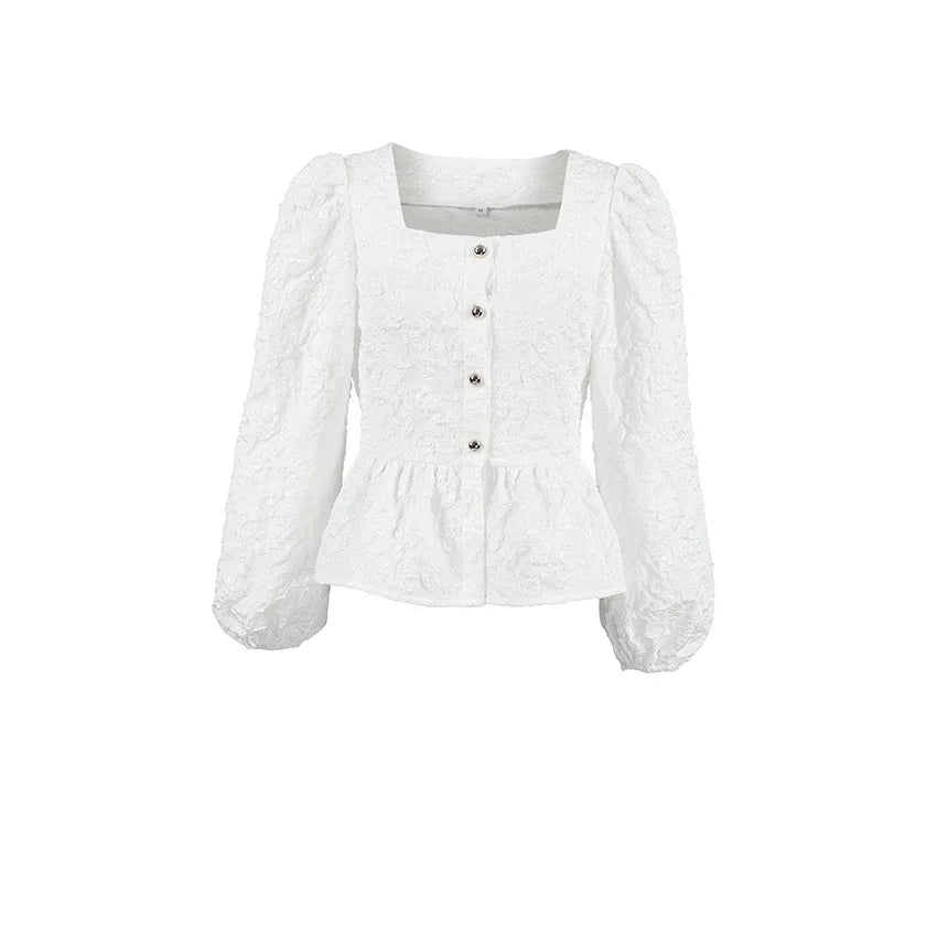 Ladies Elegant Jacquard Square Neck Puff Sleeve Blouse, Button Front Peplum Top for Party, Office and Daily Wear