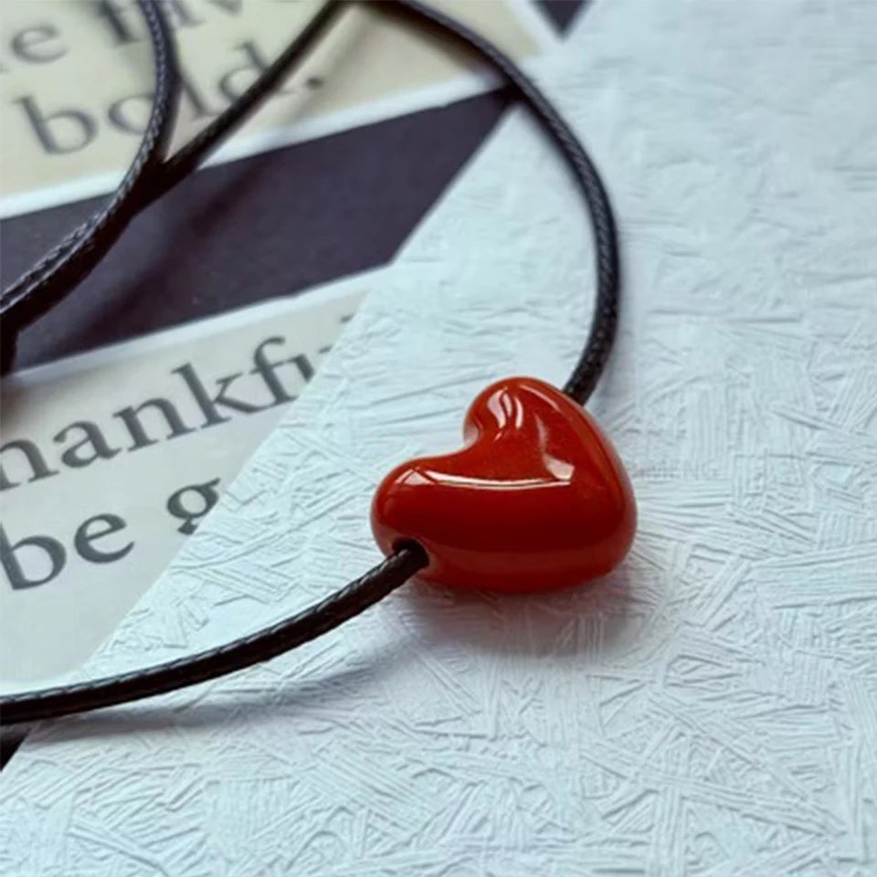 ZAKOL Korean Fashion Long Black Braided Cord Ceramic Heart Pendant Necklace Niche Retro Minimalist Elegant Choker for Women