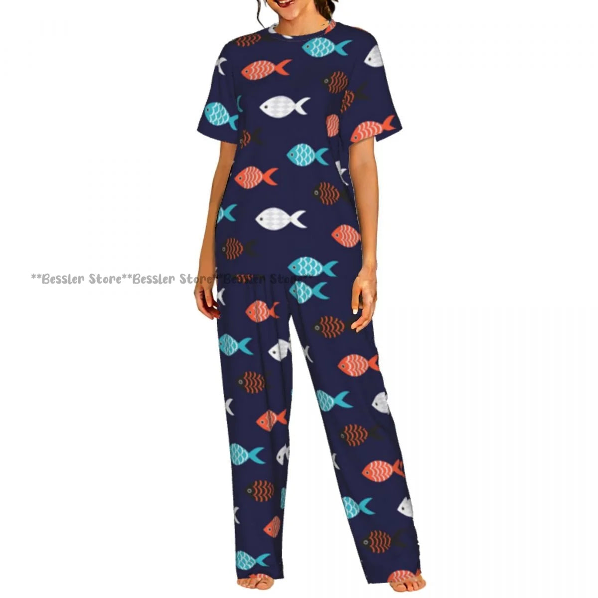 Women's Colorful Fish Pattern short sleeve trousers casual pajamas set