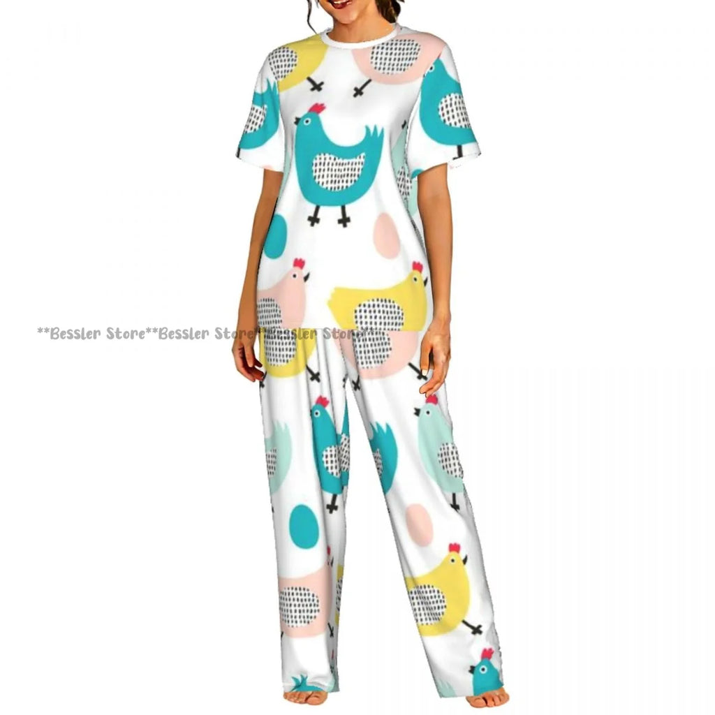 Women Pajama Sets Lounge Sleepwear Crispy Fried Chicken Pattern Short Sleeve Nightwear