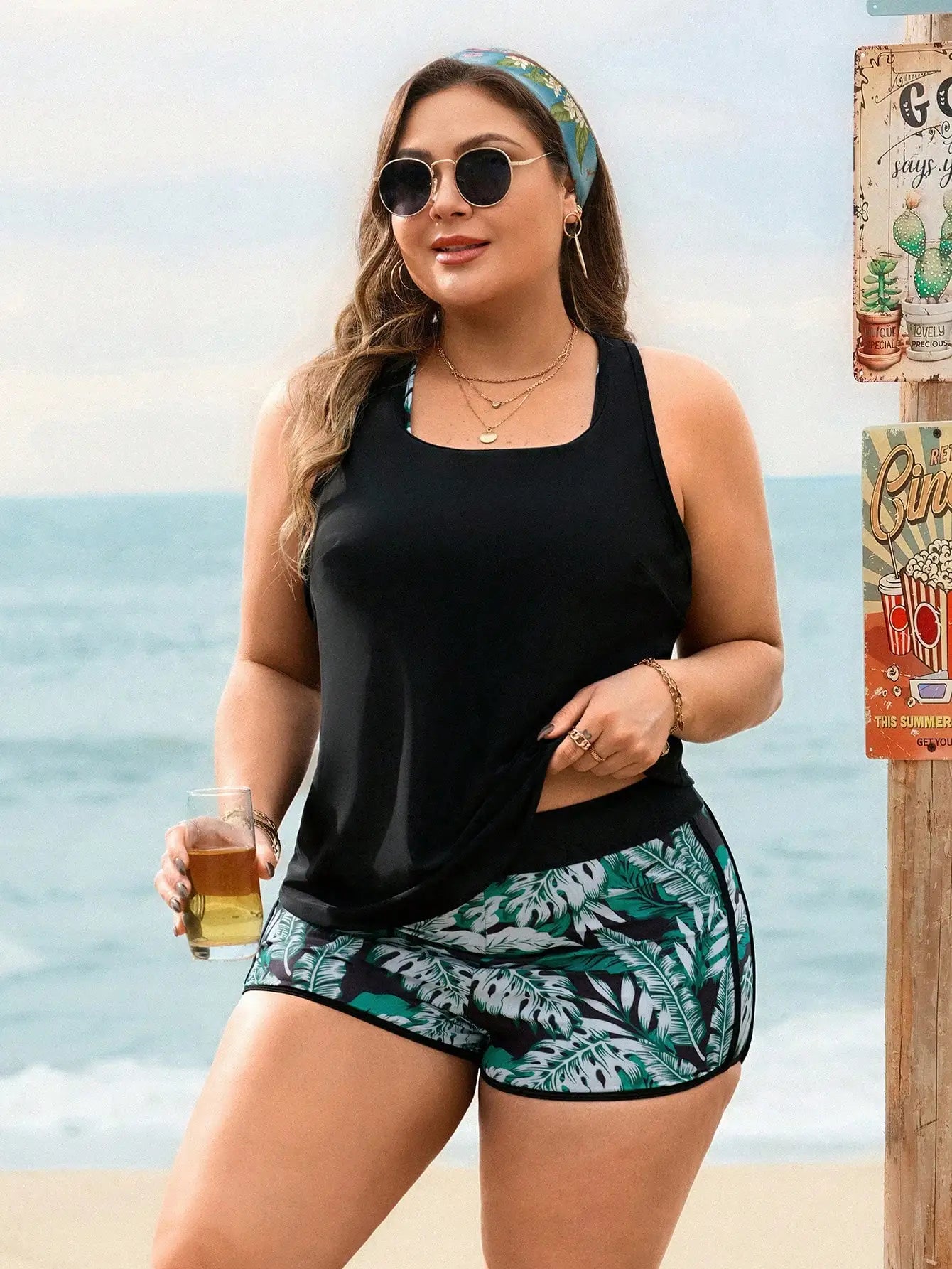 Plus Size Women 3 Piece Swimsuit Set Floral Print Sleeveless Cover Up Racerback Bra Top And Shorts For Beach Pool