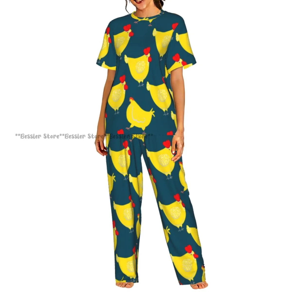 Women's Comfort Pajamas Women's Rooster Hens And Chickens Background Short Sleeve Set Sleepwear