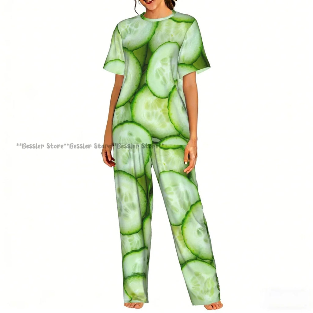 Women Pajama Sets Lounge Sleepwear Cucumbers Cut Print Short Sleeve Nightwear