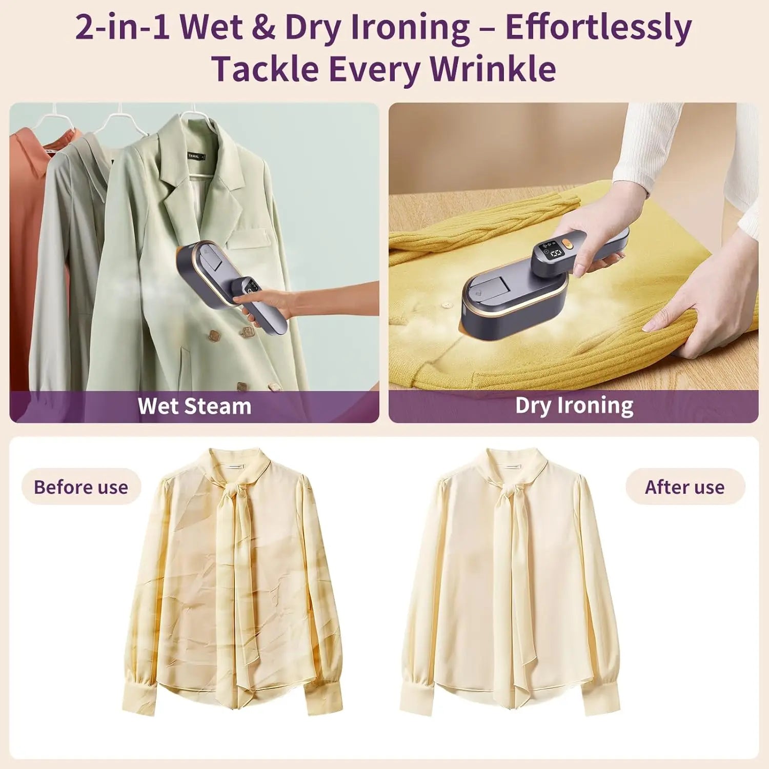 Portable Clothes Steam Iron 180° Rotatable Handle 3 Levels Handheld Garment Steamer 1200W Fast Heating 150ml Tank for Travel
