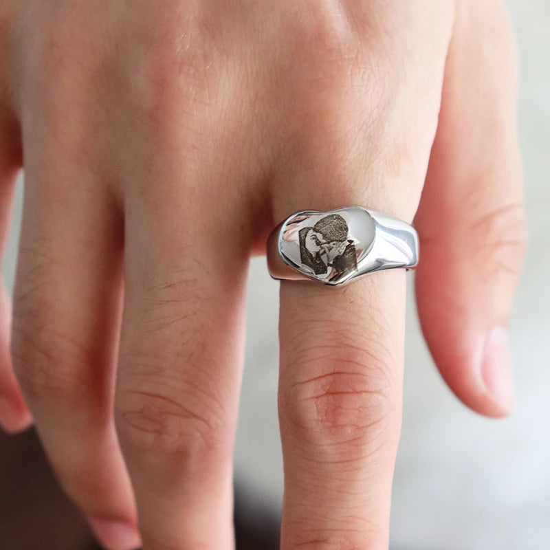 Custom Engraved Picture Logo Name Heart Round Rings for Man Woman Stainless Steel Wedding Rings Personalized Photo Jewelry Gifts