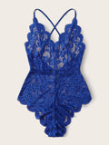 Royal Blue Floral Lace V-Neck Bodysuit with Criss-Cross Straps and Ruffle Hem