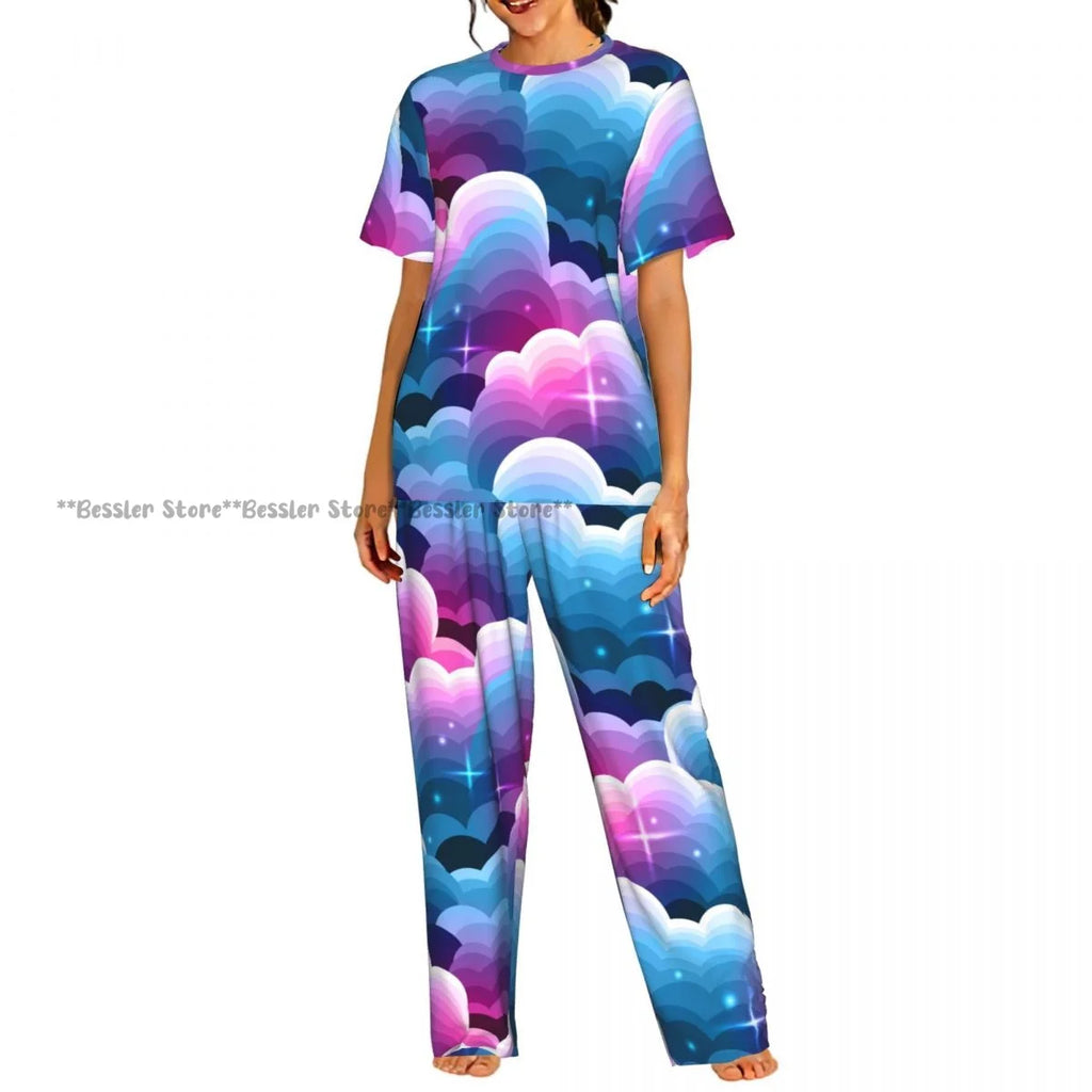 Women's 2-piece set Gold Stars And Planets Pajamas Short sleeved Top and Pants Sleepwear