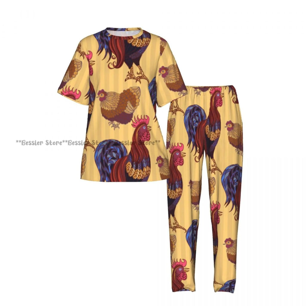 Women's Comfort Pajamas Women's Hand Drawn Rooster Hens And Chickens Short Sleeve Set Sleepwear