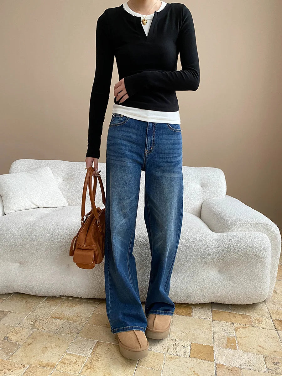 Early autumn new retro polished white washed distressed high waisted straight leg wide leg jeans look slim