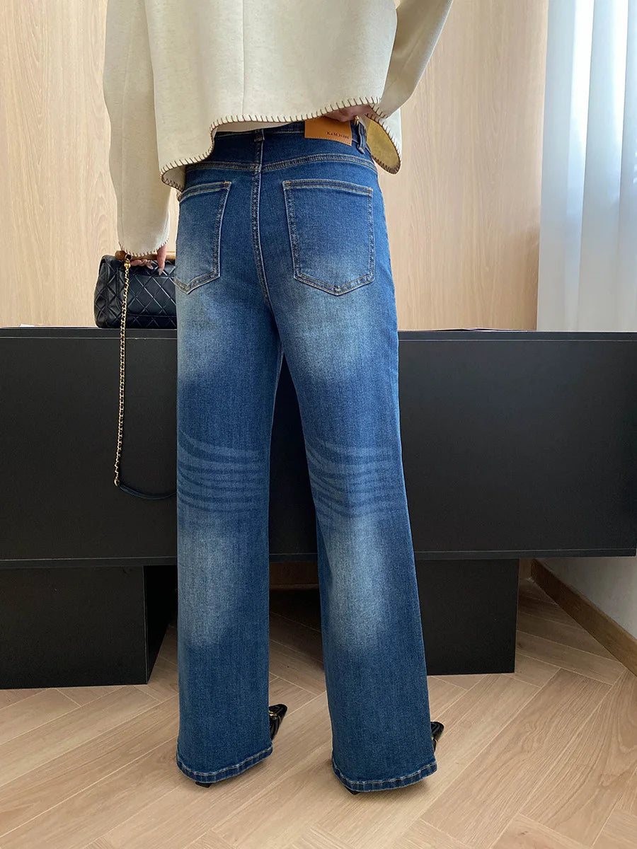 Early autumn new retro polished white washed distressed high waisted straight leg wide leg jeans look slim