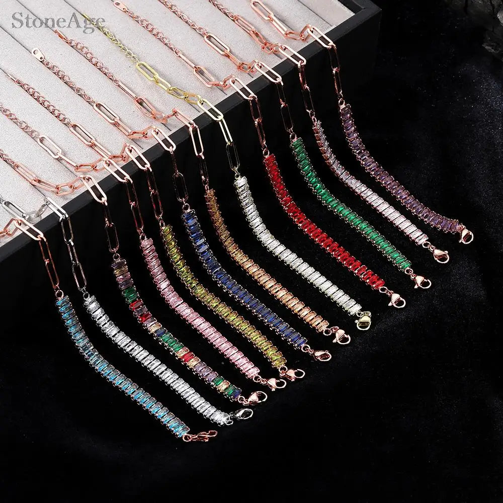 Dainty Fake Paperclip Tennis Bracelet for Women Adjustable Shiny Colorful Crystal Short Chain on Hand Party Sexy Jewelry KCH079
