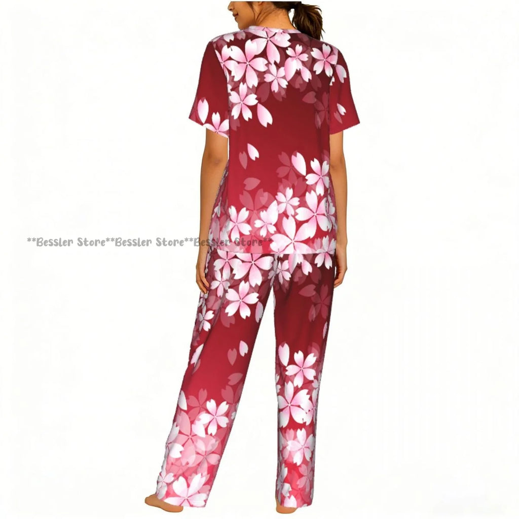 Women's 2-piece set Cherry Spring Flower Pajamas Short sleeved Top and Pants Sleepwear