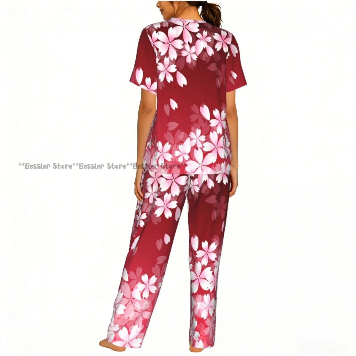 Women's 2-piece set Cherry Spring Flower Pajamas Short sleeved Top and Pants Sleepwear