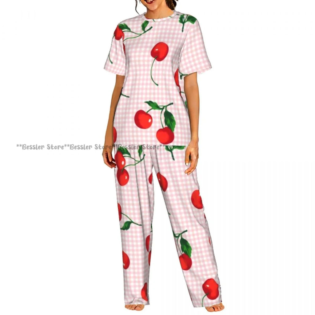 Women's 2-piece set Cherry Spring Flower Pajamas Short sleeved Top and Pants Sleepwear