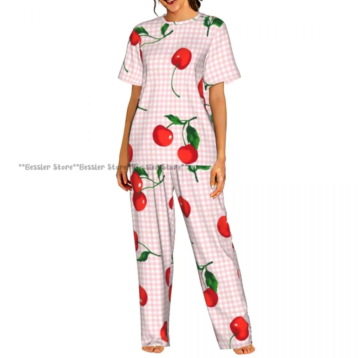 Women's 2-piece set Cherry Spring Flower Pajamas Short sleeved Top and Pants Sleepwear