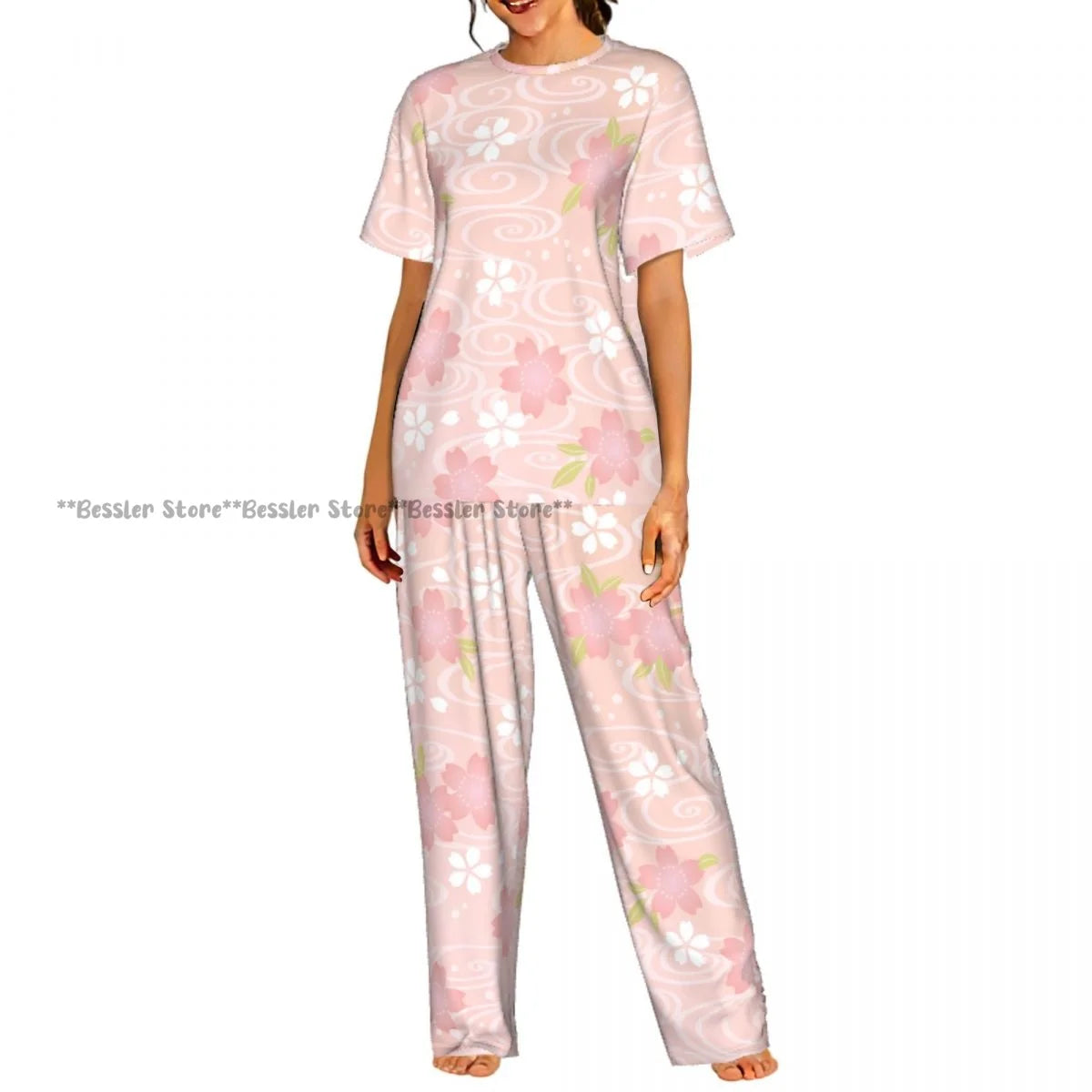 Women's 2-piece set Cherry Spring Flower Pajamas Short sleeved Top and Pants Sleepwear