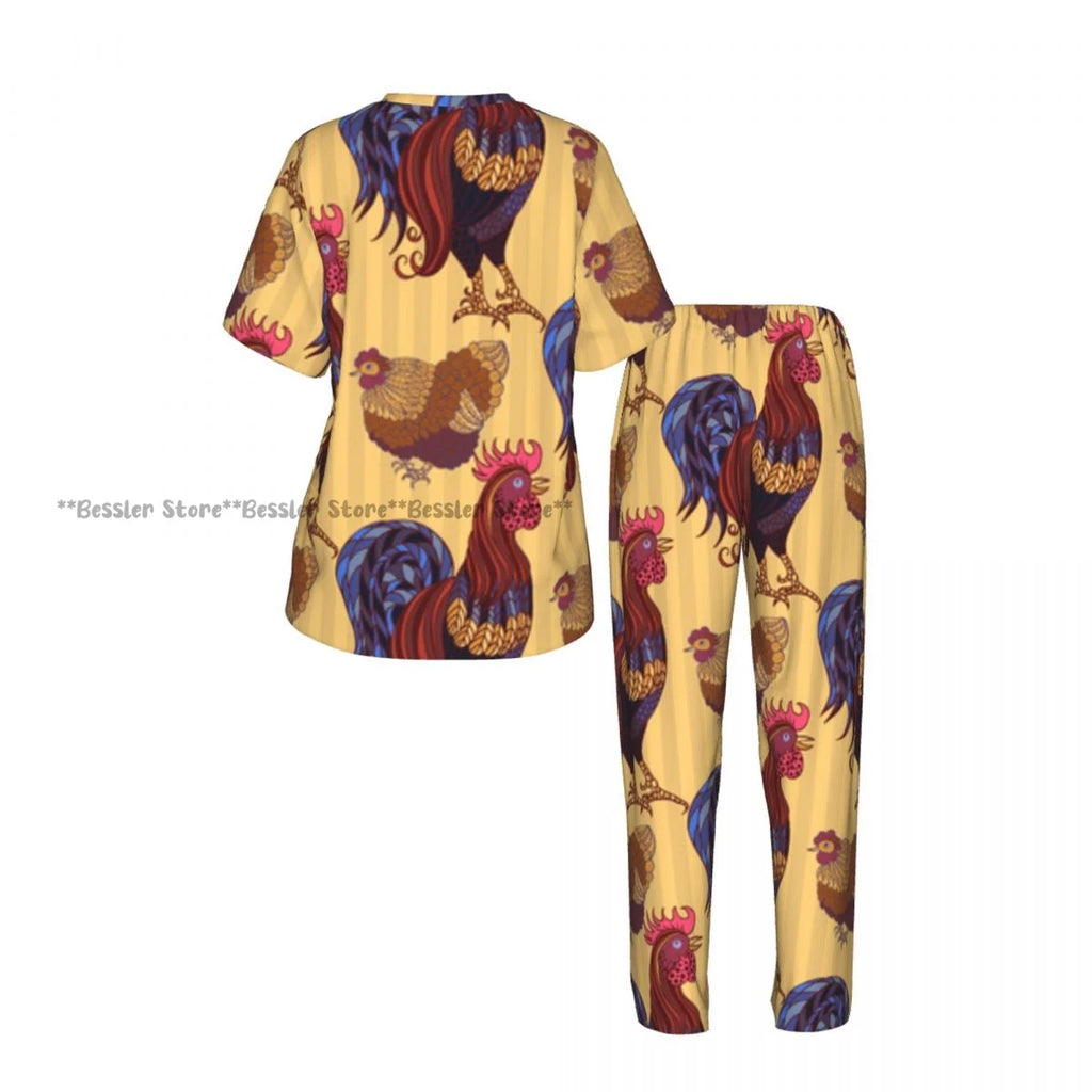 Women's Comfort Pajamas Women's Hand Drawn Rooster Hens And Chickens Short Sleeve Set Sleepwear