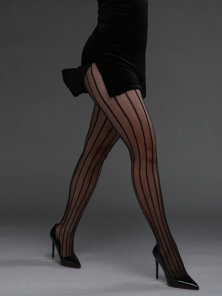1pc Vertical Striped High Elasticity Fishnet Leggings, Sexy Tight Stockings Gothic Punk Fashion