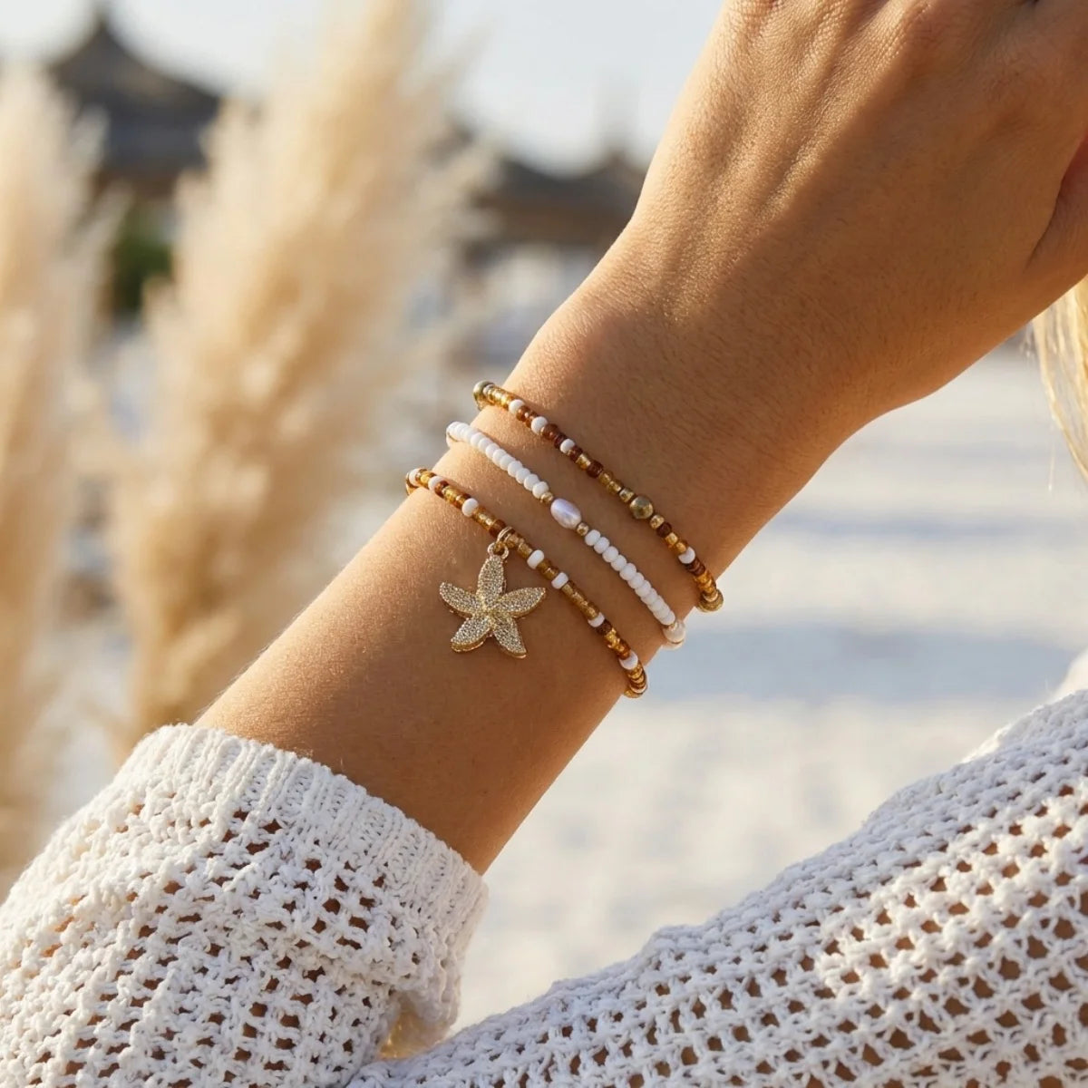 Multilayer Starfish Dolphin Shell Coconut Tree Bracelets For Women Men Imitation Pearl Flower Fish Tail Stackable Bangle Jewelry