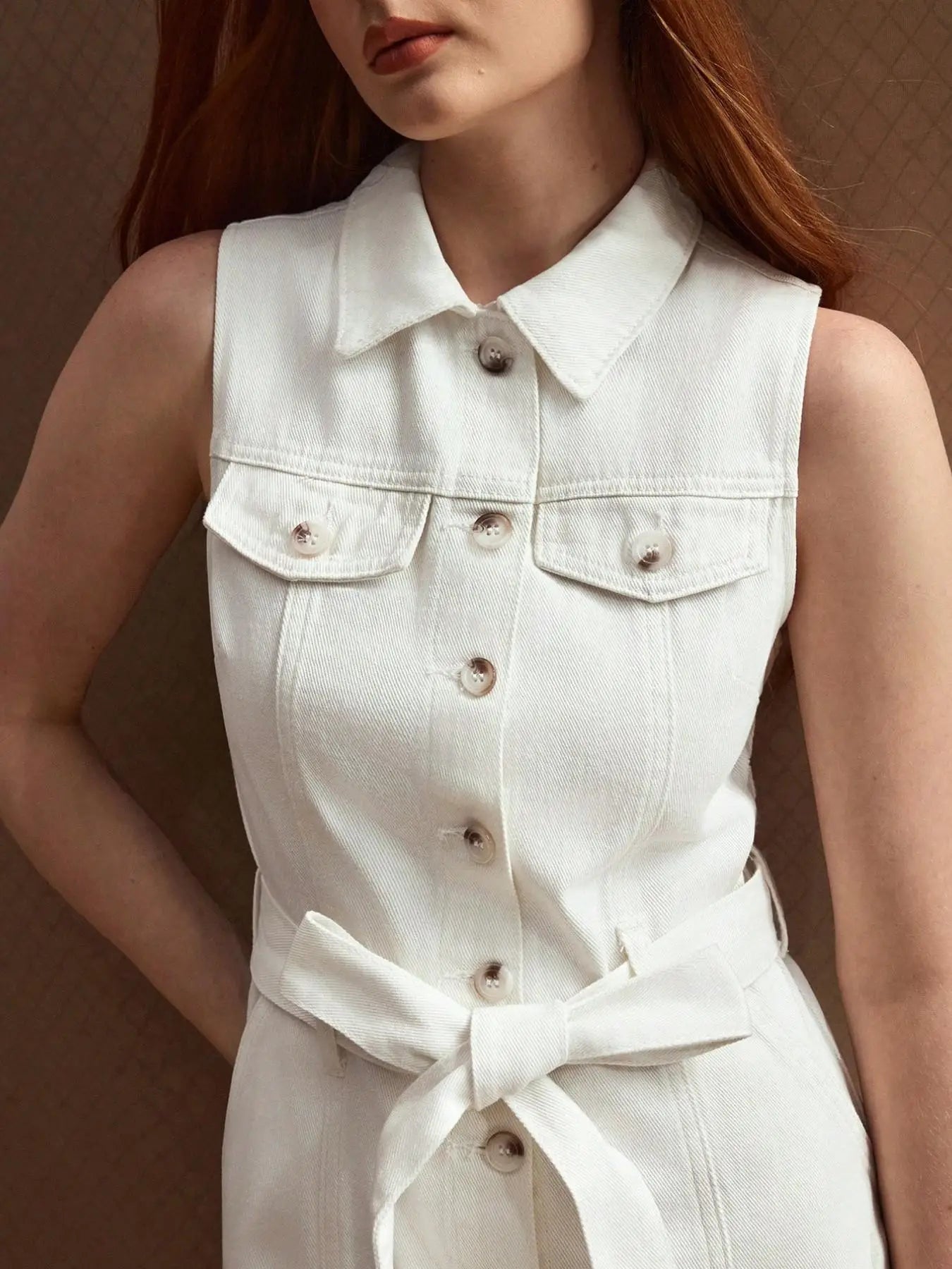 Summer Dress! Sleeveless Waist Cinched Denim Dress, Cool and Elegant, Ruched Tie Front Design, Plain Pattern, Short Length