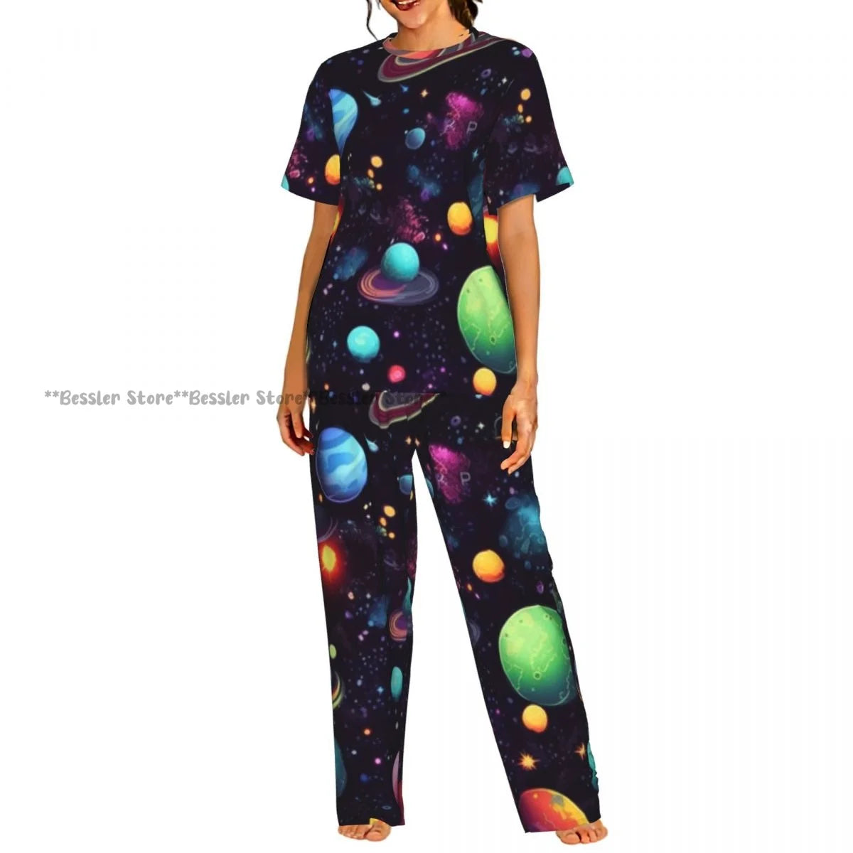 Women's Pajamas Set Space Planets Stars Comets Constellations Short Sleeve Sleepwear 2 Piece Homewear Loungewear