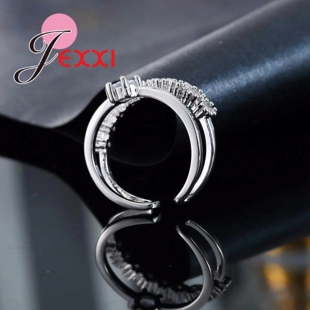 Shiny 925 Sterling Silver Six Claws Double Layer Cubic Zircon Open Adjustable Rings For Women Wedding Party Fashion Jewelry Gift