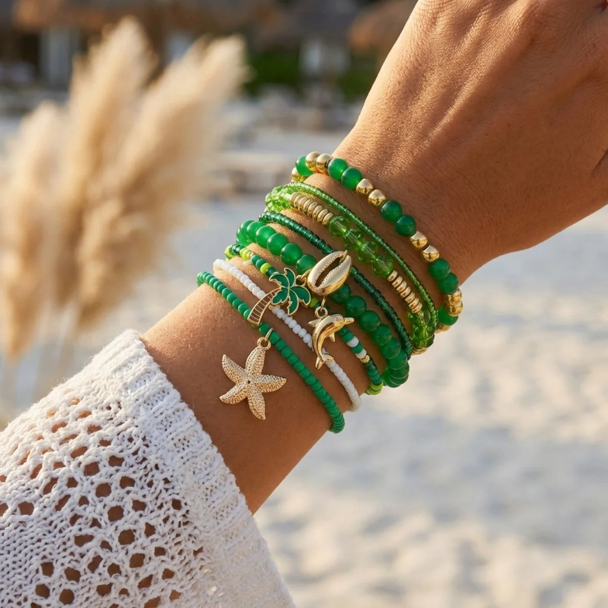 Multilayer Starfish Dolphin Shell Coconut Tree Bracelets For Women Men Imitation Pearl Flower Fish Tail Stackable Bangle Jewelry