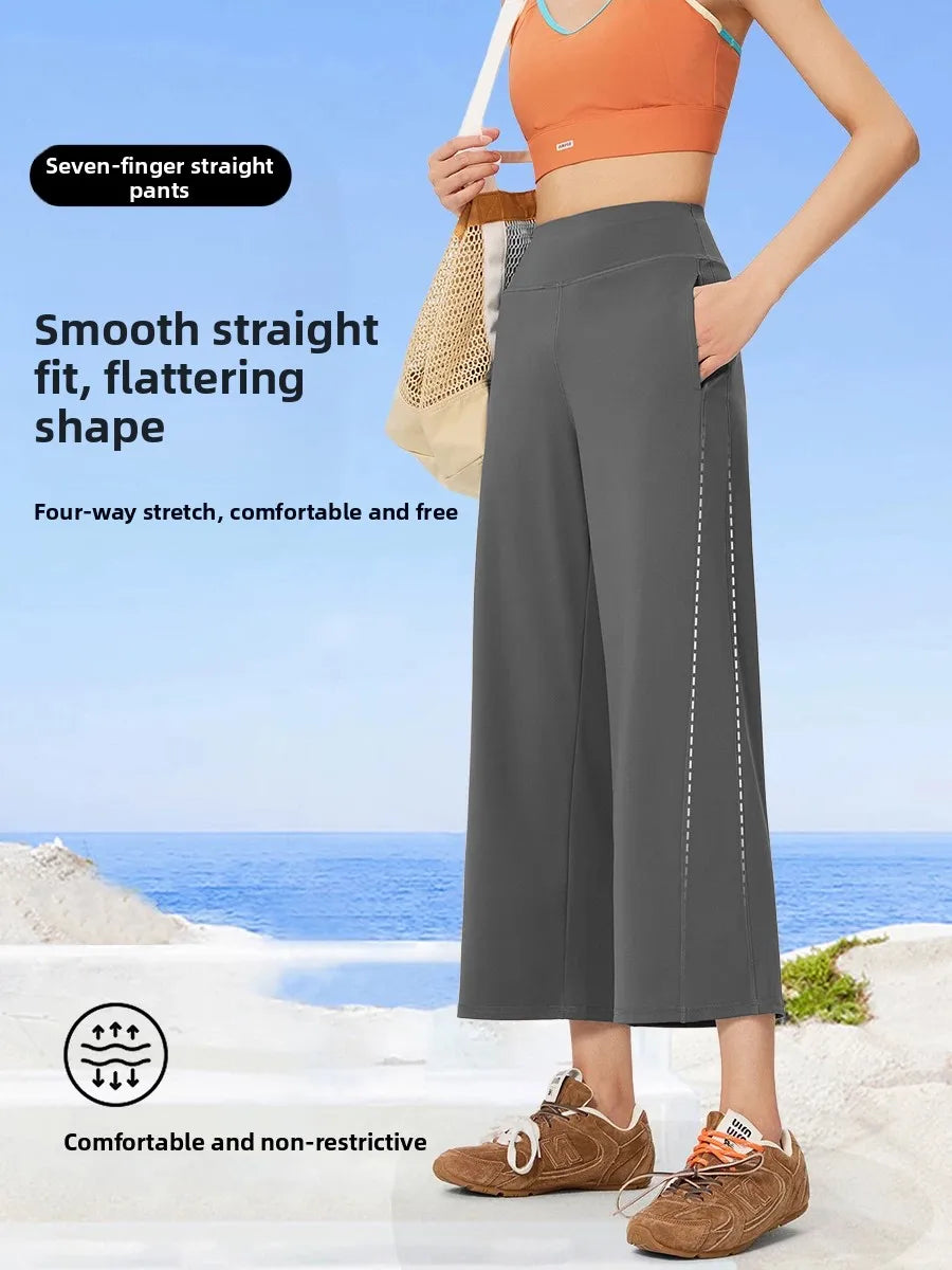 Loose High-Waist Yoga Sports Pants Women's Spring Summer Thin Wide Leg Casual Pants Eight Points Straight Tube Loose Fit