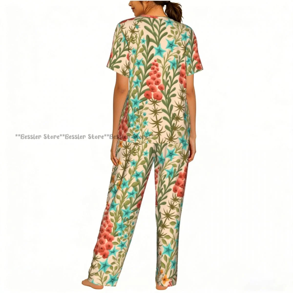 Women's Floral Flowers And Leaves short sleeve trousers casual pajamas set