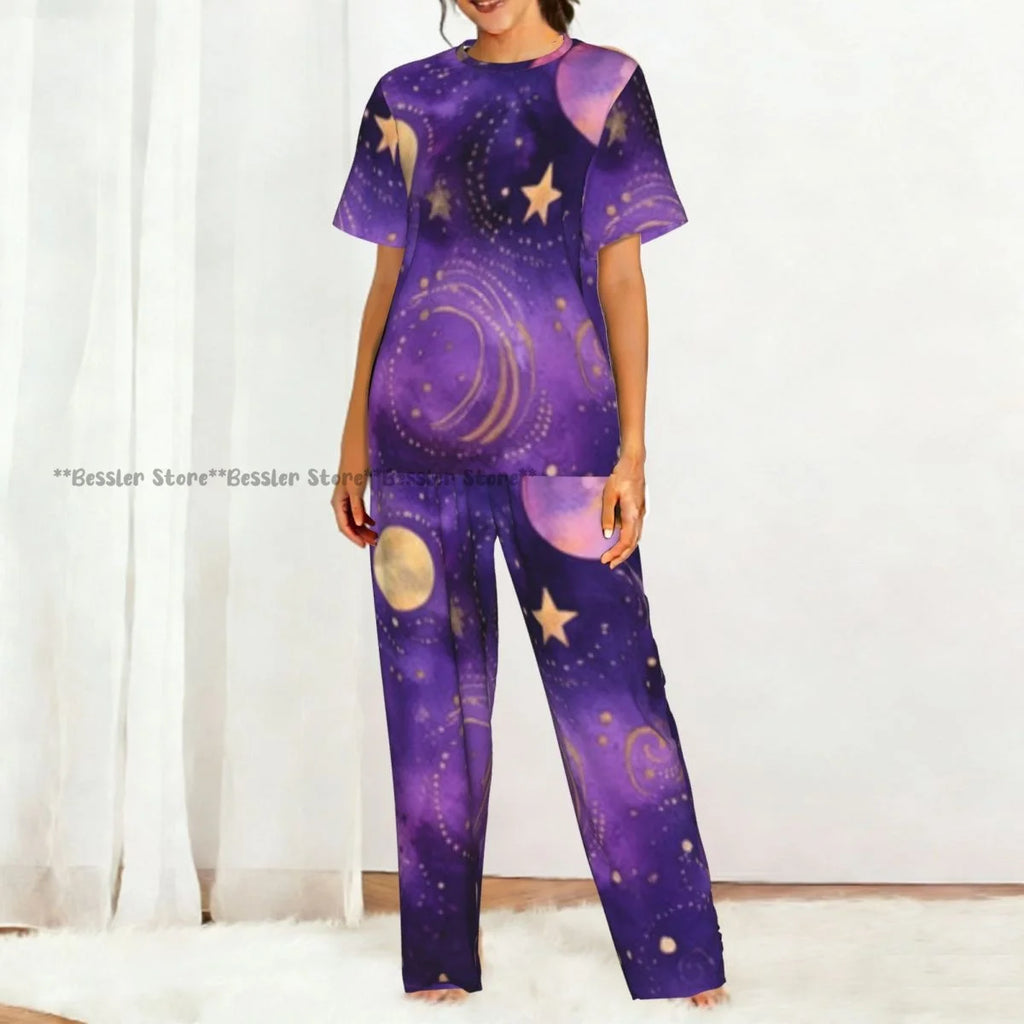 Women's 2-piece set Gold Stars And Planets Pajamas Short sleeved Top and Pants Sleepwear
