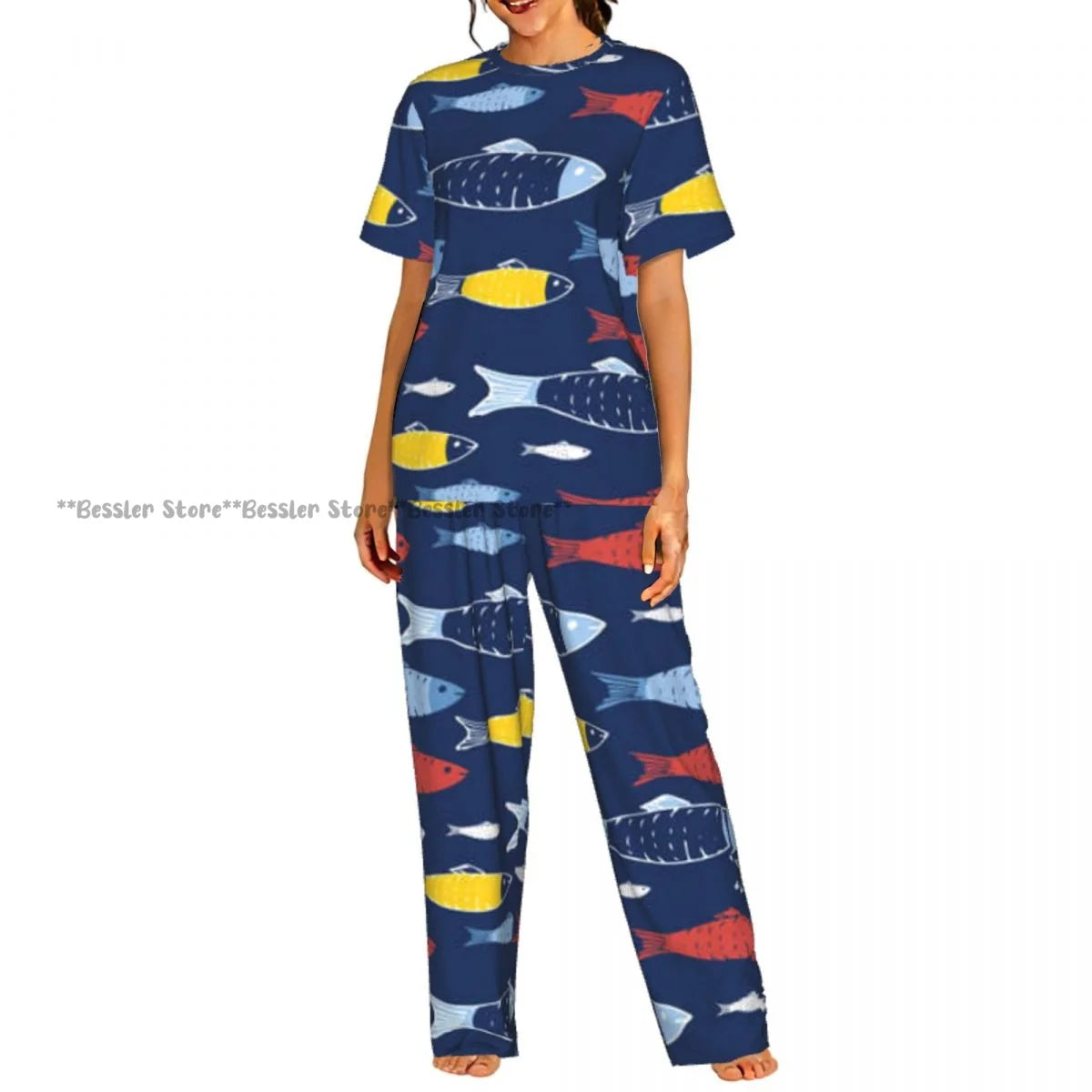 Women's Colorful Fish Pattern short sleeve trousers casual pajamas set